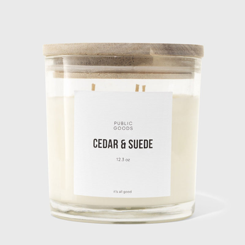 Public Goods Cedar & Suede Scented Soy Candle (3 Wick, 12.3oz) | Made With Essential Oils | Acacia Wood Lid in Upcycle-Ready Glass Jar