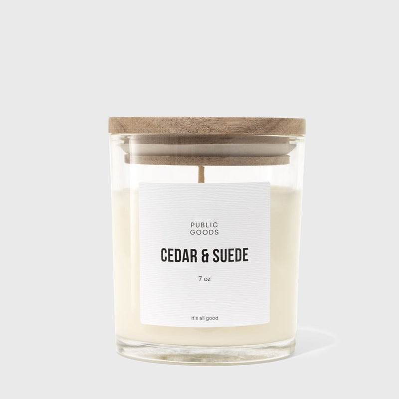 Public Goods Cedar & Suede Scented Soy Candle (7oz) | Made With Essential Oils | Acacia Wood Lid in Upcycle-Ready Glass Jar