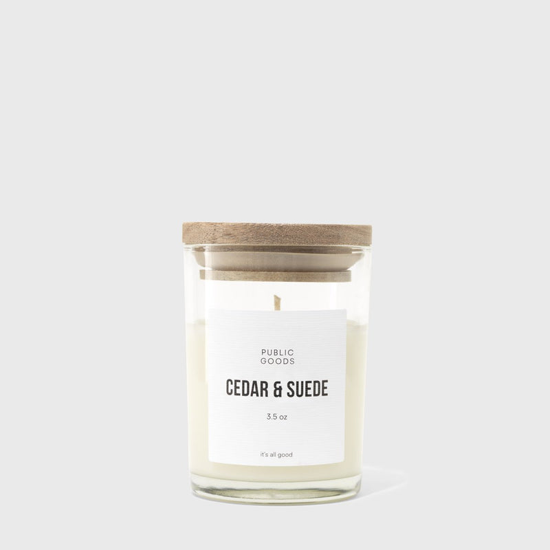 Public Goods Cedar & Suede Scented Soy Candle (3.5oz) | Made With Essential Oils | Acacia Wood Lid in Upcycle-Ready Glass Jar