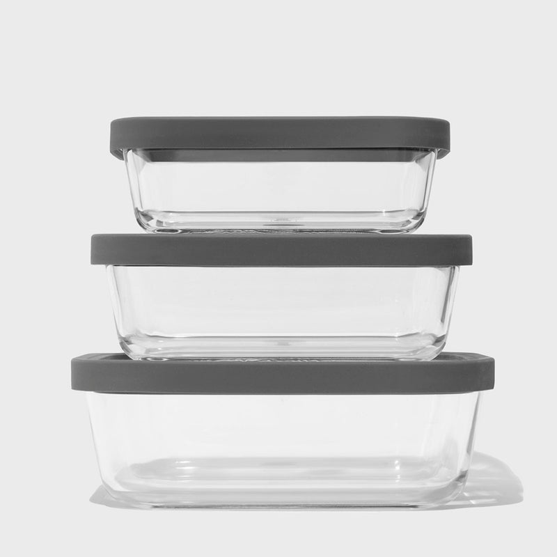 Public Goods Rectangle Glass Food Storage Containers | 3 Stackable Pieces With Silicone Lids